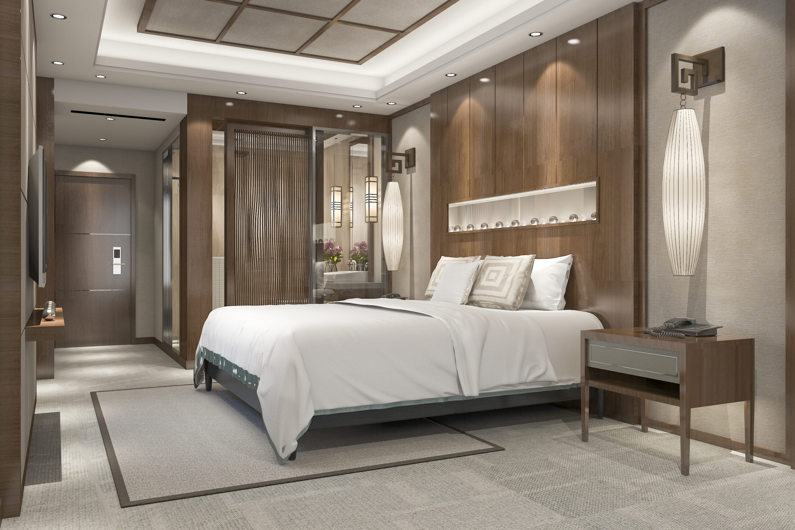 3d rendering modern luxury bedroom suite in resort with bathroom