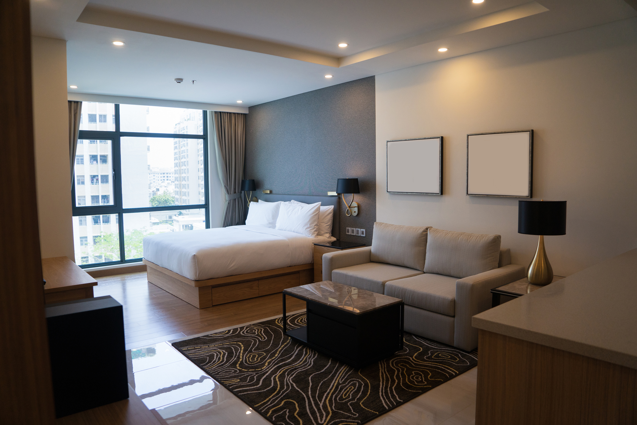 Cozy studio apartment design with bedroom and living space